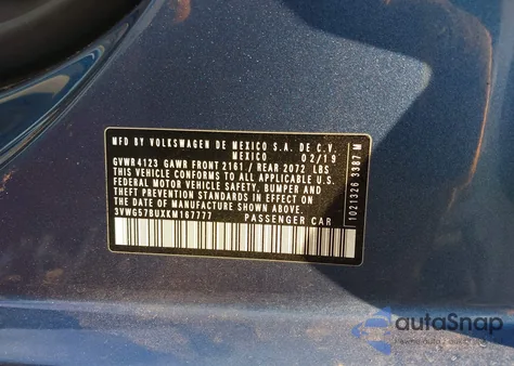 2019 Volkswagen Jetta 1.4T Sel Premium z USA, uszkodzony, nr VIN 3VWG57BUXKM167777